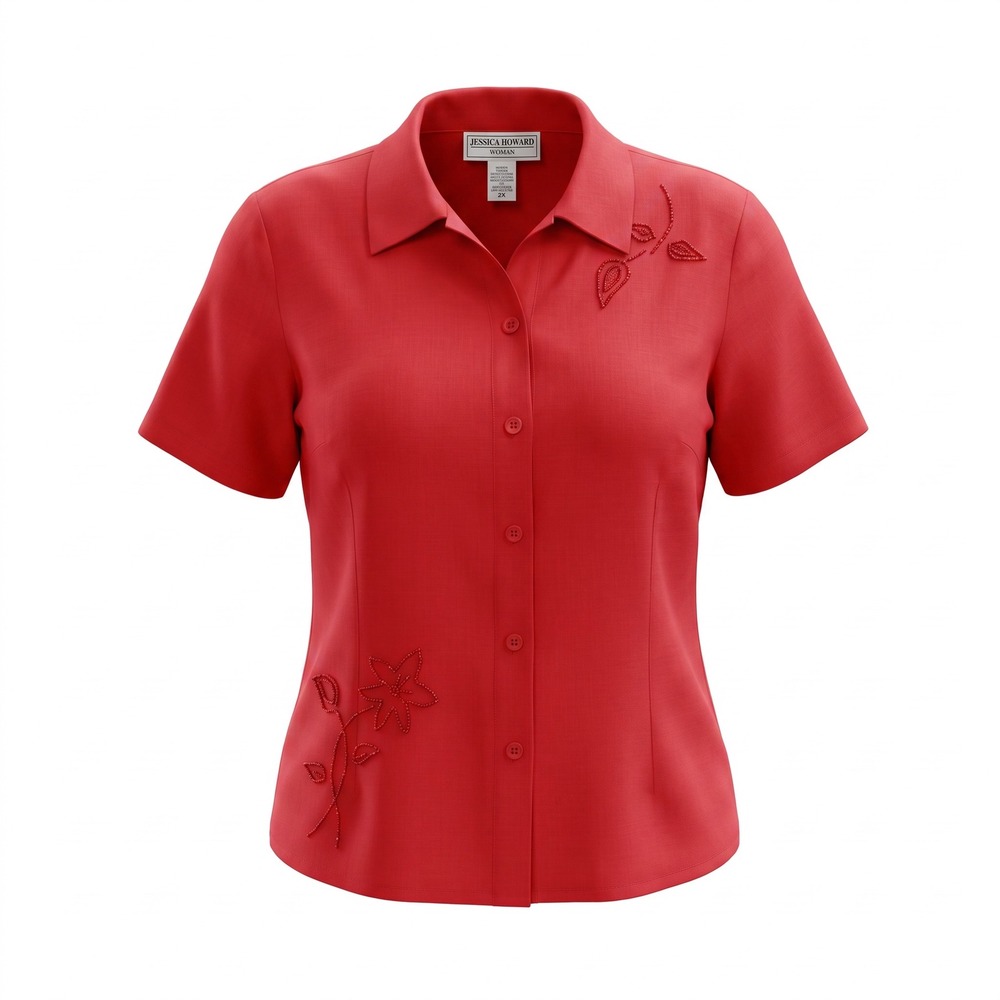 Jessica Howard Beaded Linen Top 18W Red Short Sleeve Floral Vintage Grandma